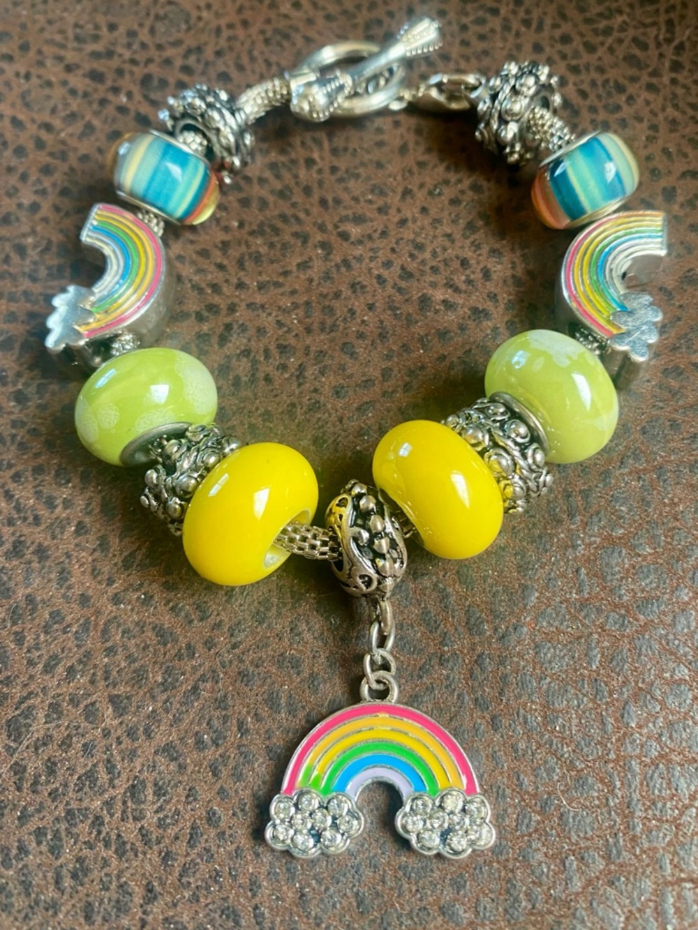 Fun Rainbow Charm Beaded Bracelet with Yellow & Lime Glass Beads, Toggle Clasp